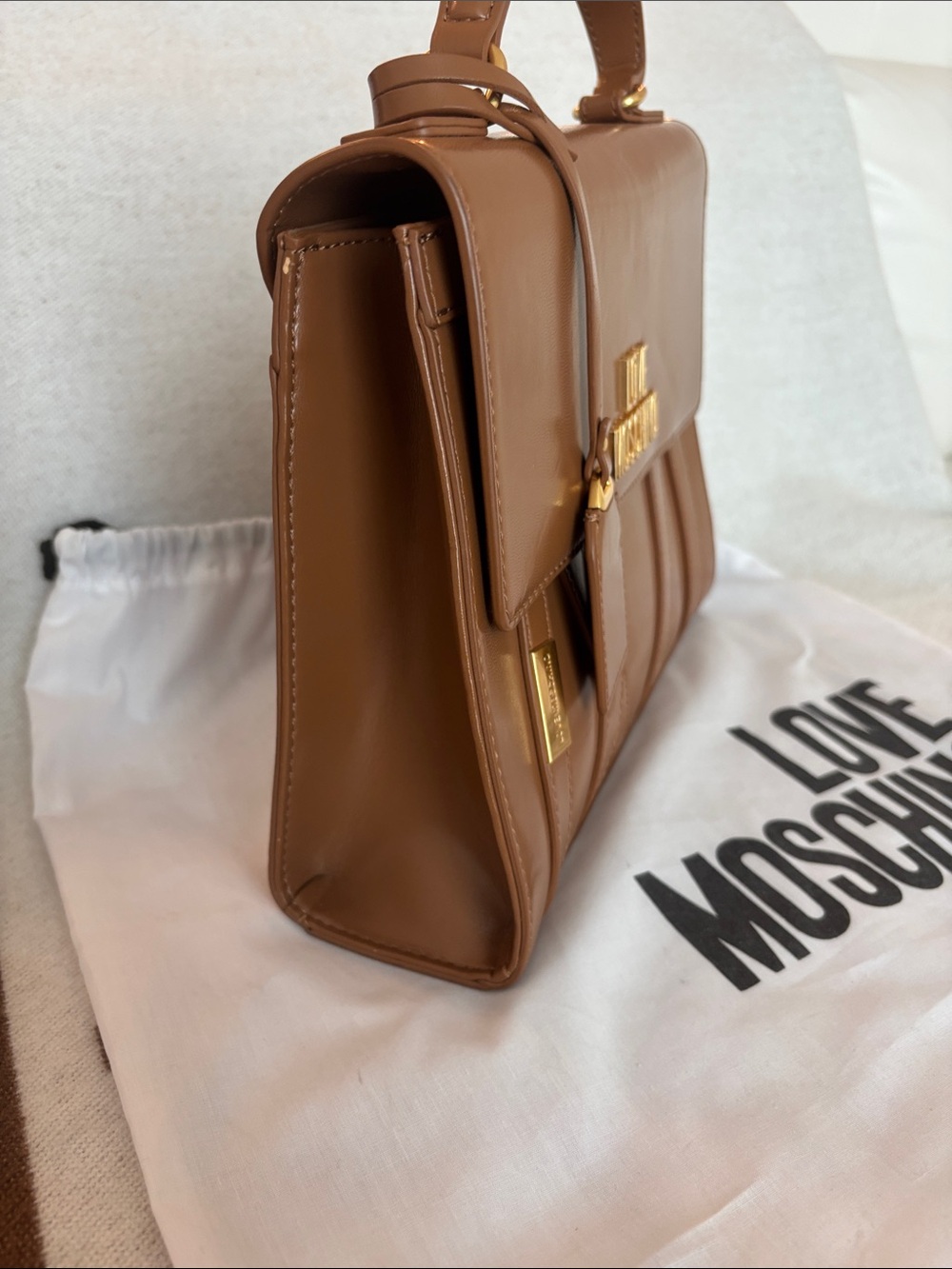 NWOT Love Moschino Tan Brown Top-Handle Satchel with Gold Hardware w/ dust bag - Picture 5 of 9
